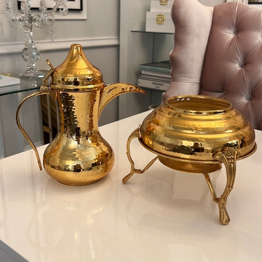 Gold Hammered Metal Coffee Pot and Serving Bowl Set